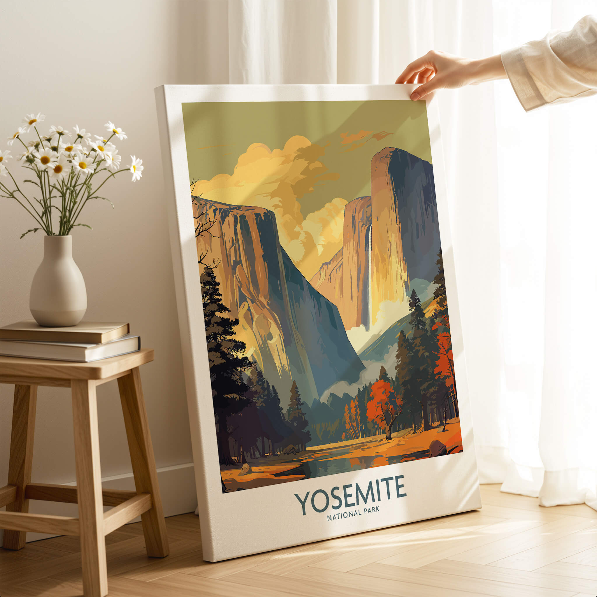 Yosemite Wall Art featuring stunning landscape illustration of Yosemite National Park in a bright living room setting.