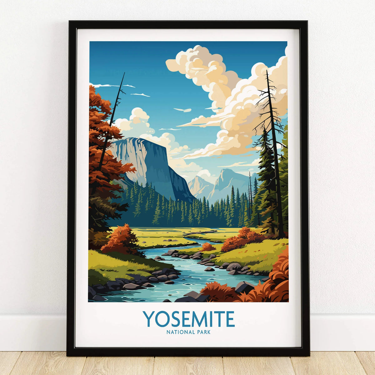 Yosemite Art Print | National Park showcasing a vibrant landscape of Yosemite with mountains, trees, and a river.