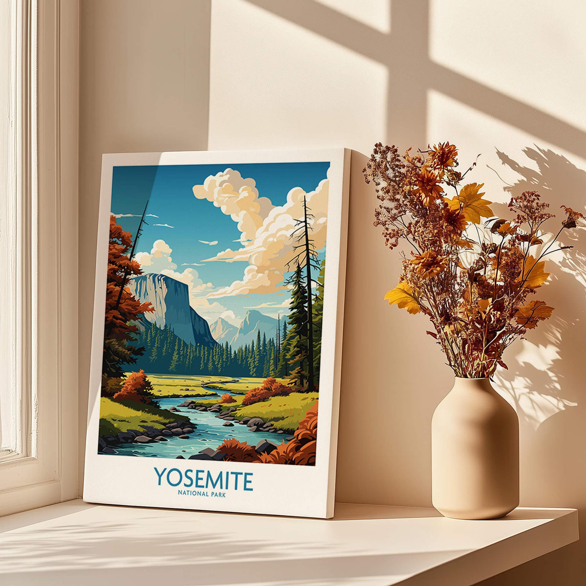 Yosemite Art Print | National Park showcasing vibrant nature scene with soaring cliffs and serene river.