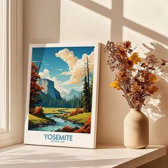 Yosemite Art Print | National Park showcasing vibrant nature scene with soaring cliffs and serene river.