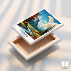 Yosemite Art Print | National Park showcasing vibrant scenery with mountains, trees, and clouds in a decorative box.