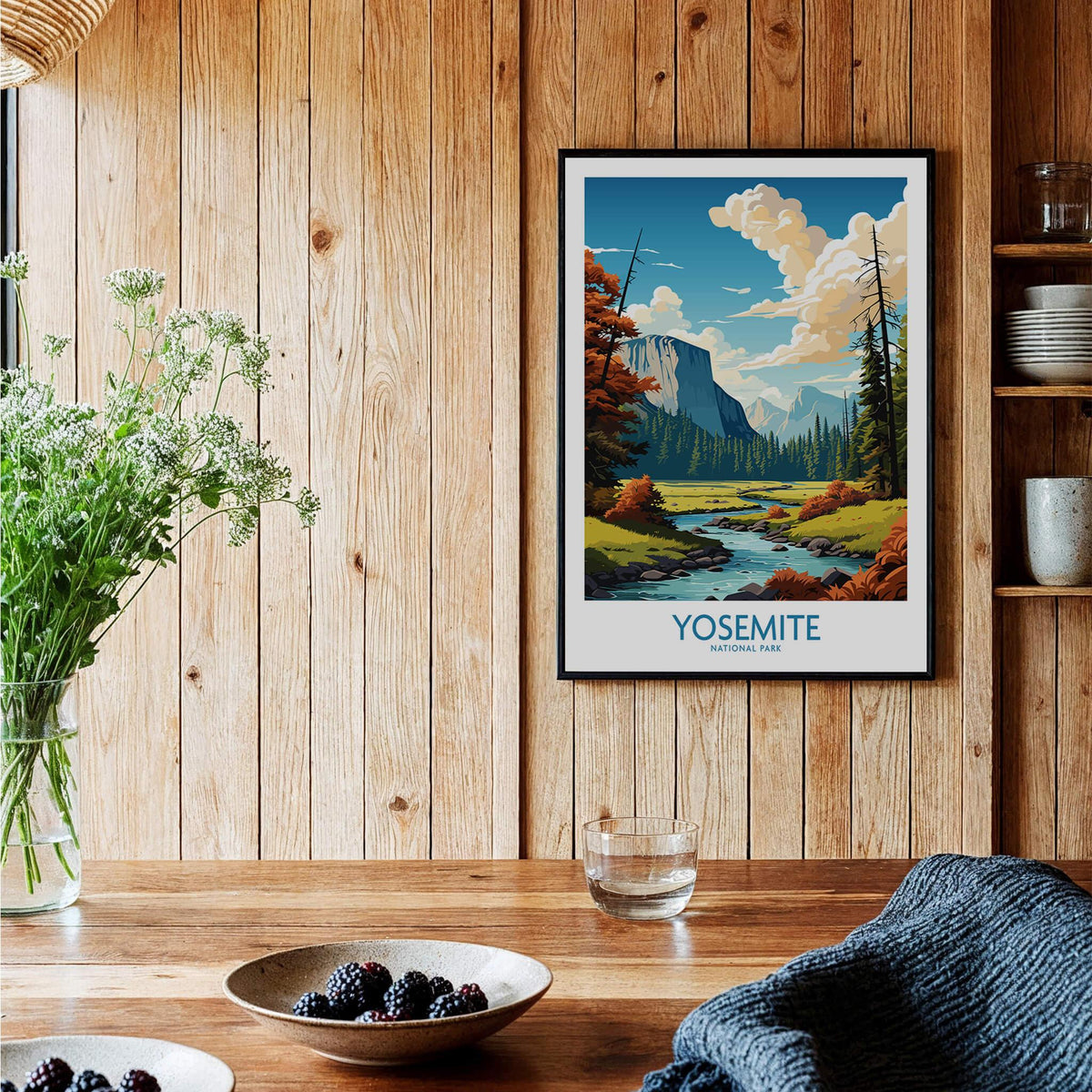 Yosemite Art Print | National Park framed in a rustic setting showcasing vibrant landscapes and serene nature.