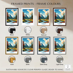 Framed Yosemite Art Print options showcasing various frame colors including black, white, natural, brown, gold, silver, dark grey, and light grey.