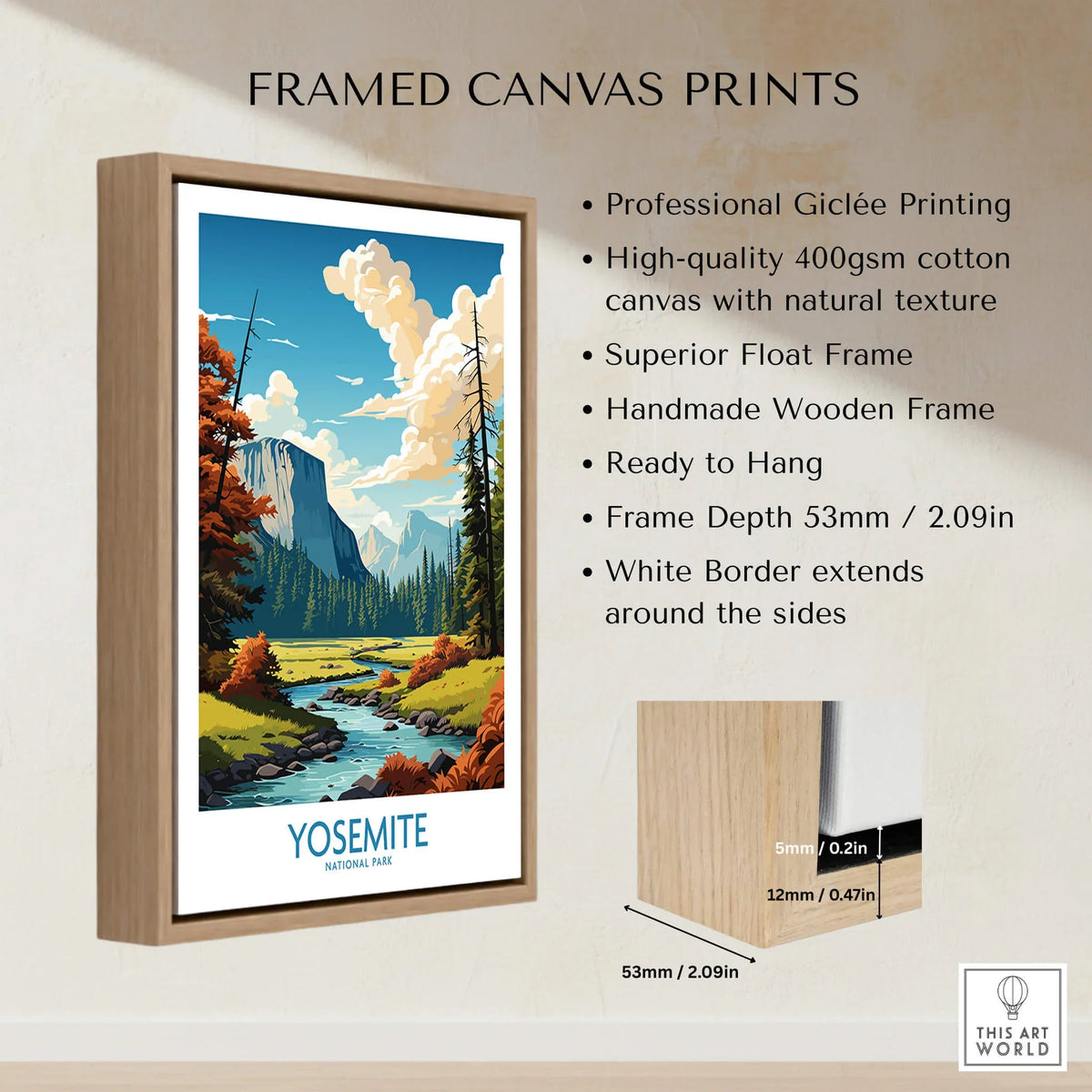 Yosemite Art Print | National Park framed canvas print showcasing vibrant nature scenery.
