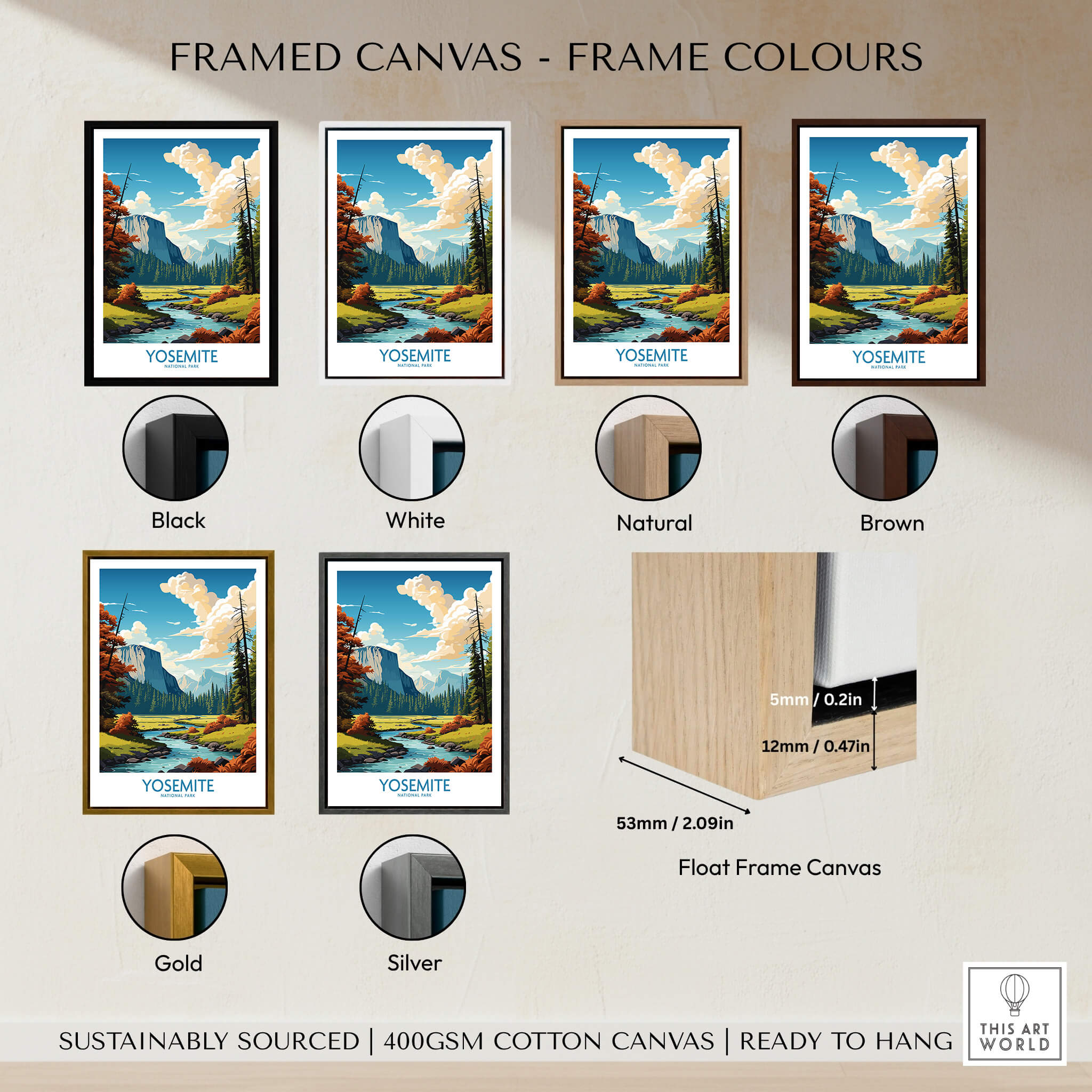 Framed Yosemite Art Print | National Park showcasing various frame color options including Black, White, Natural, Brown, Gold, Silver.
