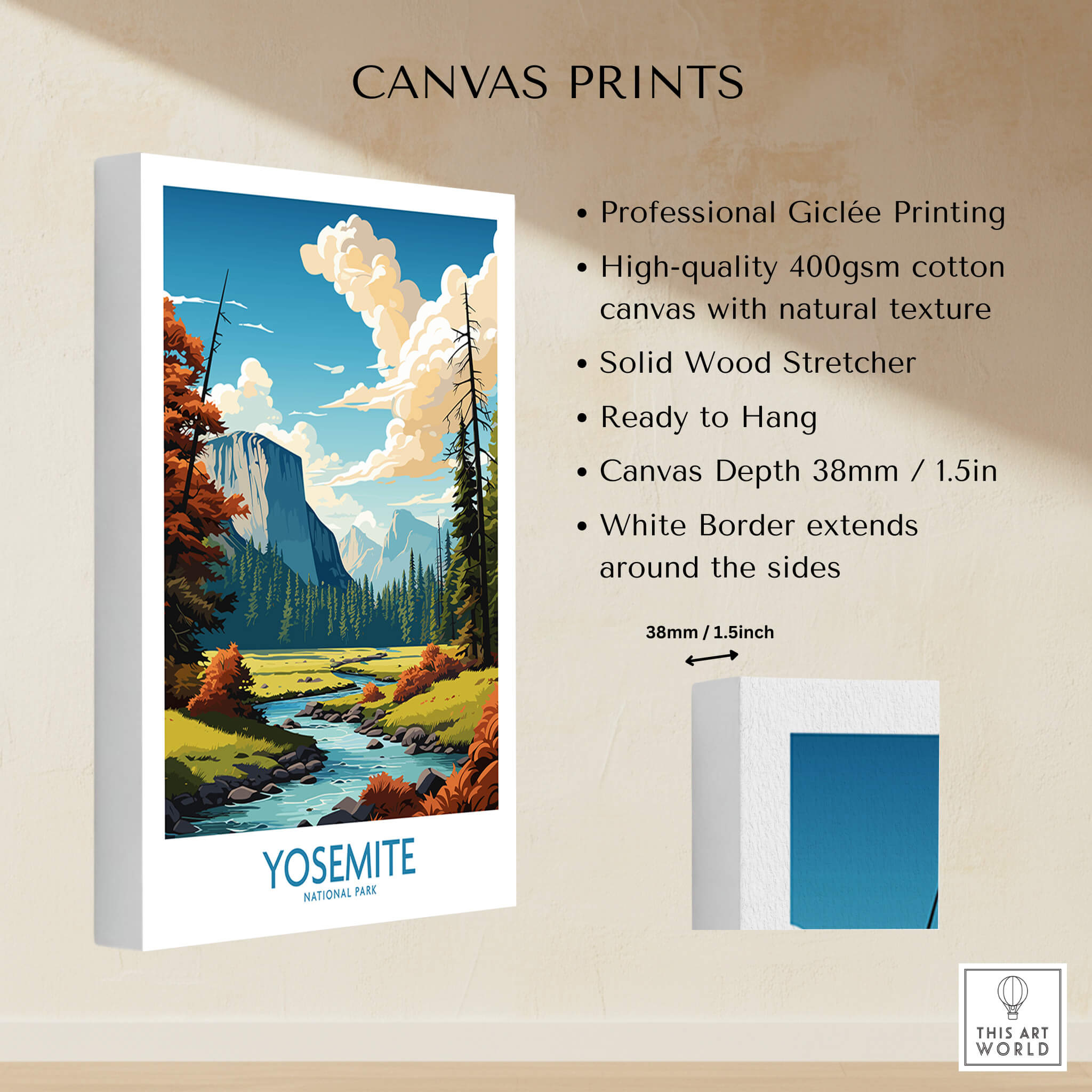 Yosemite Art Print | National Park artwork showcasing vibrant nature with cliffs and water in high-quality canvas print.