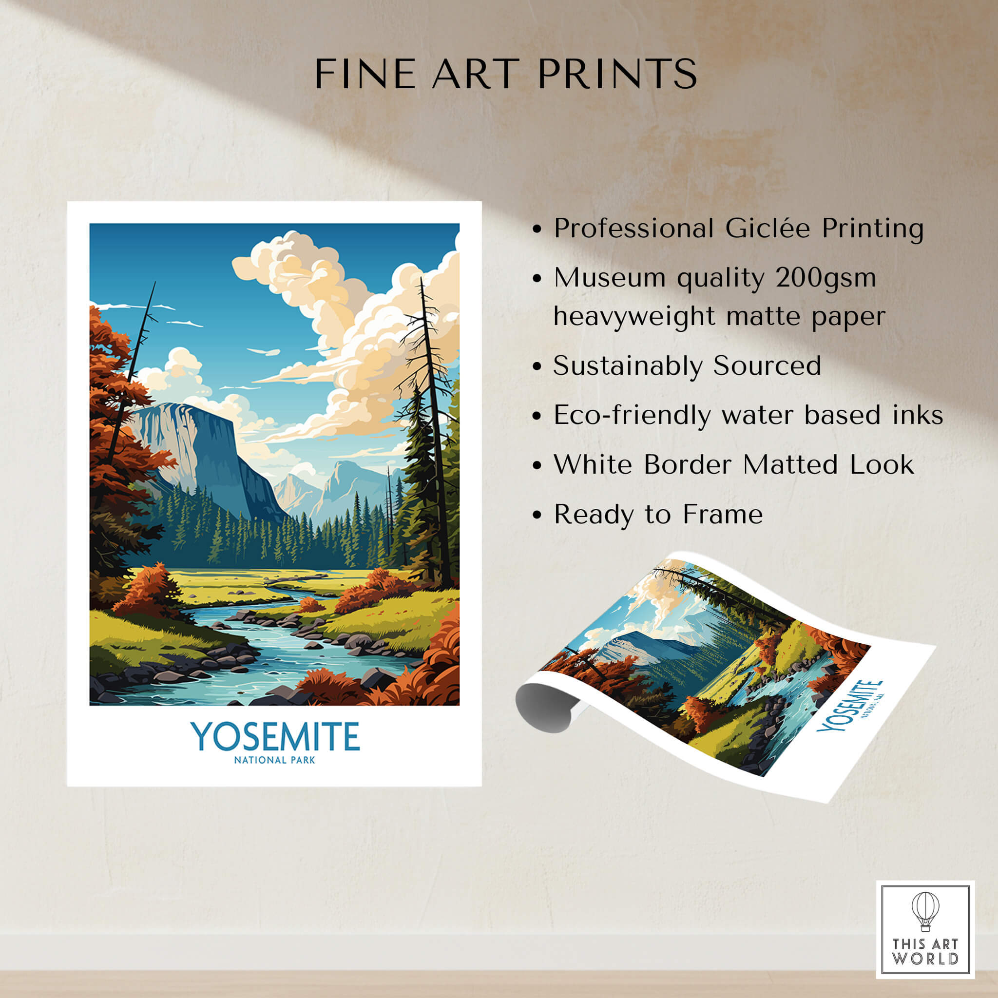 Yosemite Art Print | National Park showcasing vibrant scenery with cliffs, trees, and a river, perfect for nature lovers.