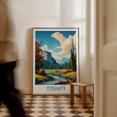 Yosemite Art Print | National Park, vibrant poster of Yosemite's landscape with trees and mountains, showcased in a stylish interior.