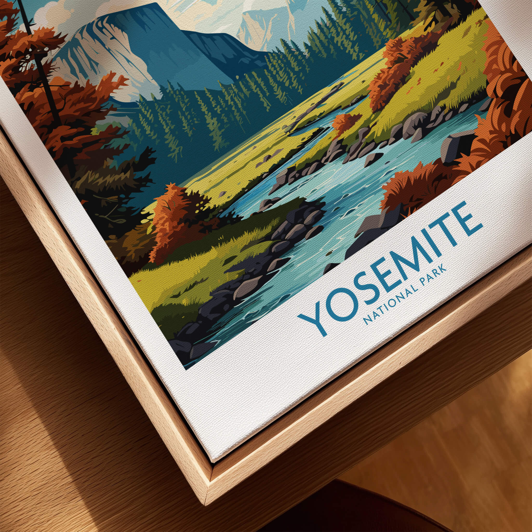 Yosemite Art Print | National Park featuring vibrant landscapes, mountains, and river in a framed design.