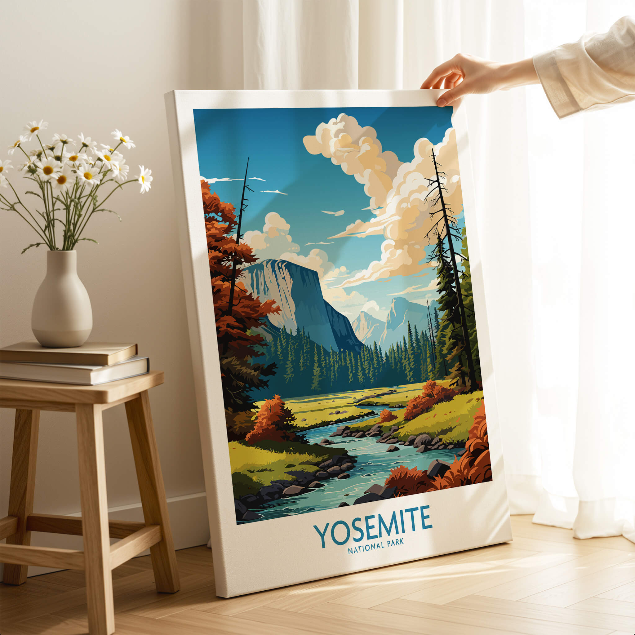 Yosemite Art Print | National Park showcasing scenic views of Yosemite with cliffs and rivers.