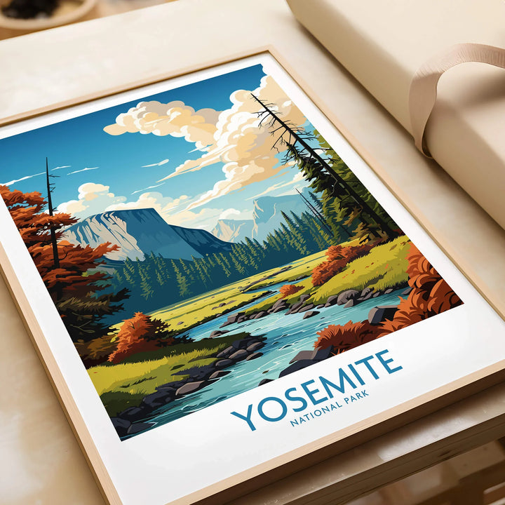 Framed Yosemite National Park art print with colorful landscape and river, unwrapped gift