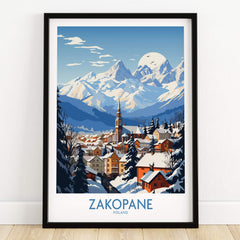 Zakopane Travel Poster showcasing the scenic beauty of Zakopane, Poland with mountains and a winter village.