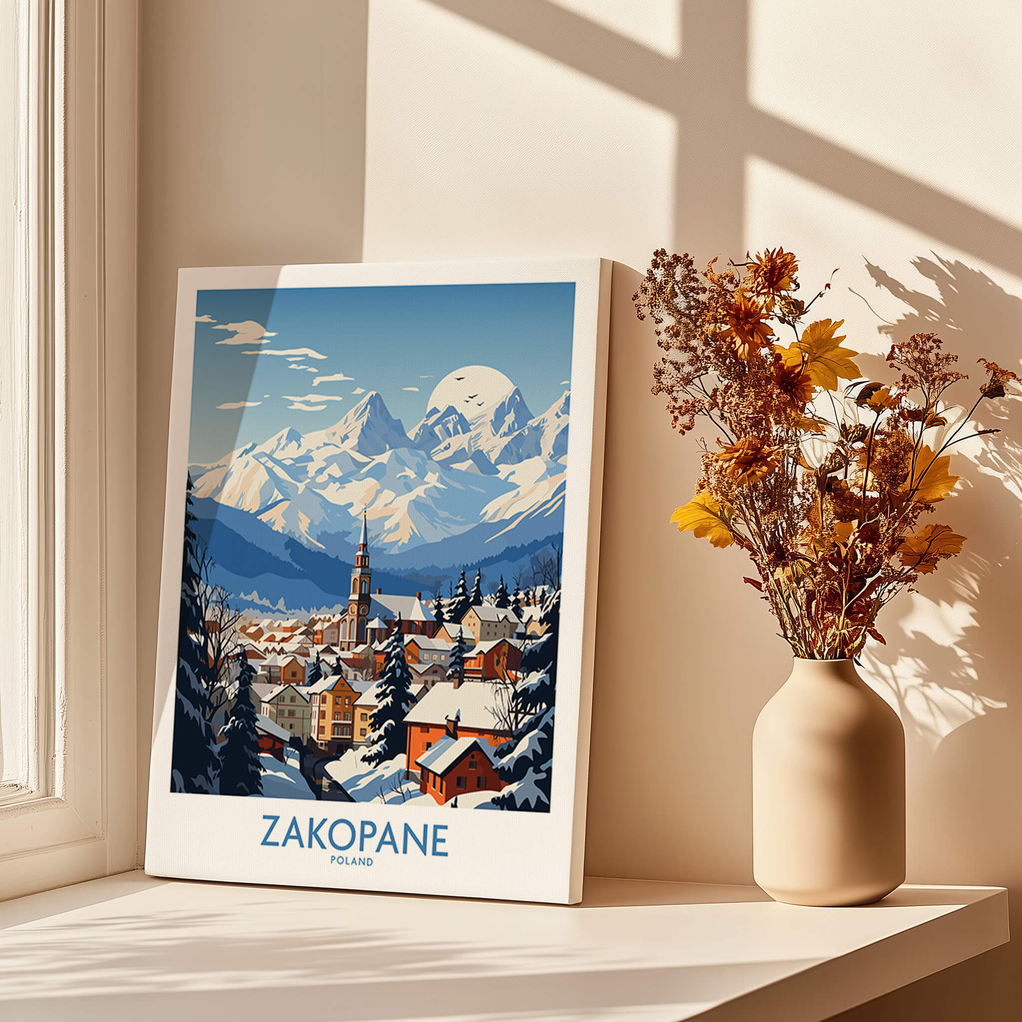Zakopane Travel Poster showcasing the snowy mountains and charming village in Zakopane, Poland.