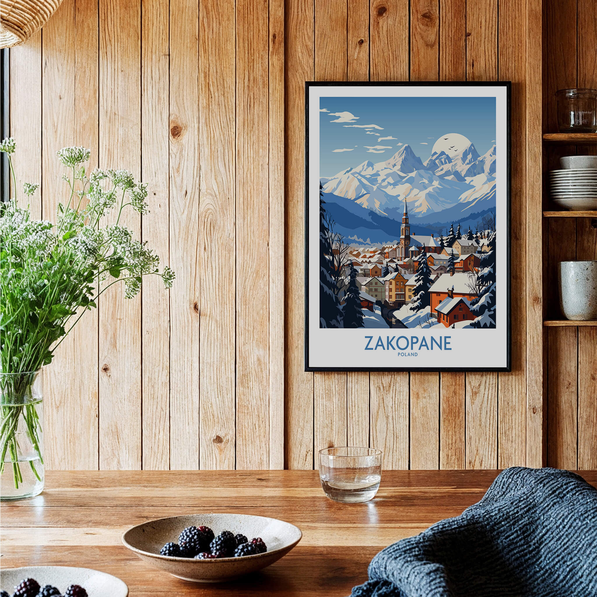 Zakopane Travel Poster showcasing a picturesque ski resort with mountains and a cozy village.