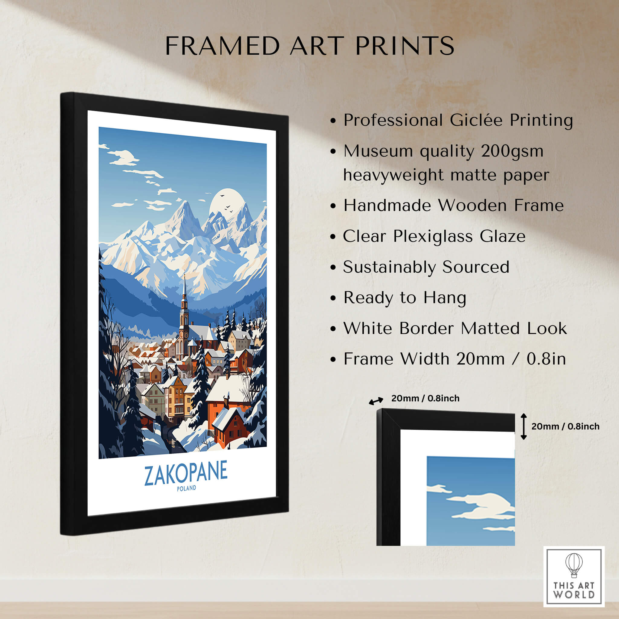 Zakopane Travel Poster framed art print showcasing the scenic beauty of Zakopane, Poland in vibrant colors.