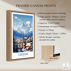 Zakopane Travel Poster framed canvas print showcasing a mountain ski resort with natural textures and a white border.
