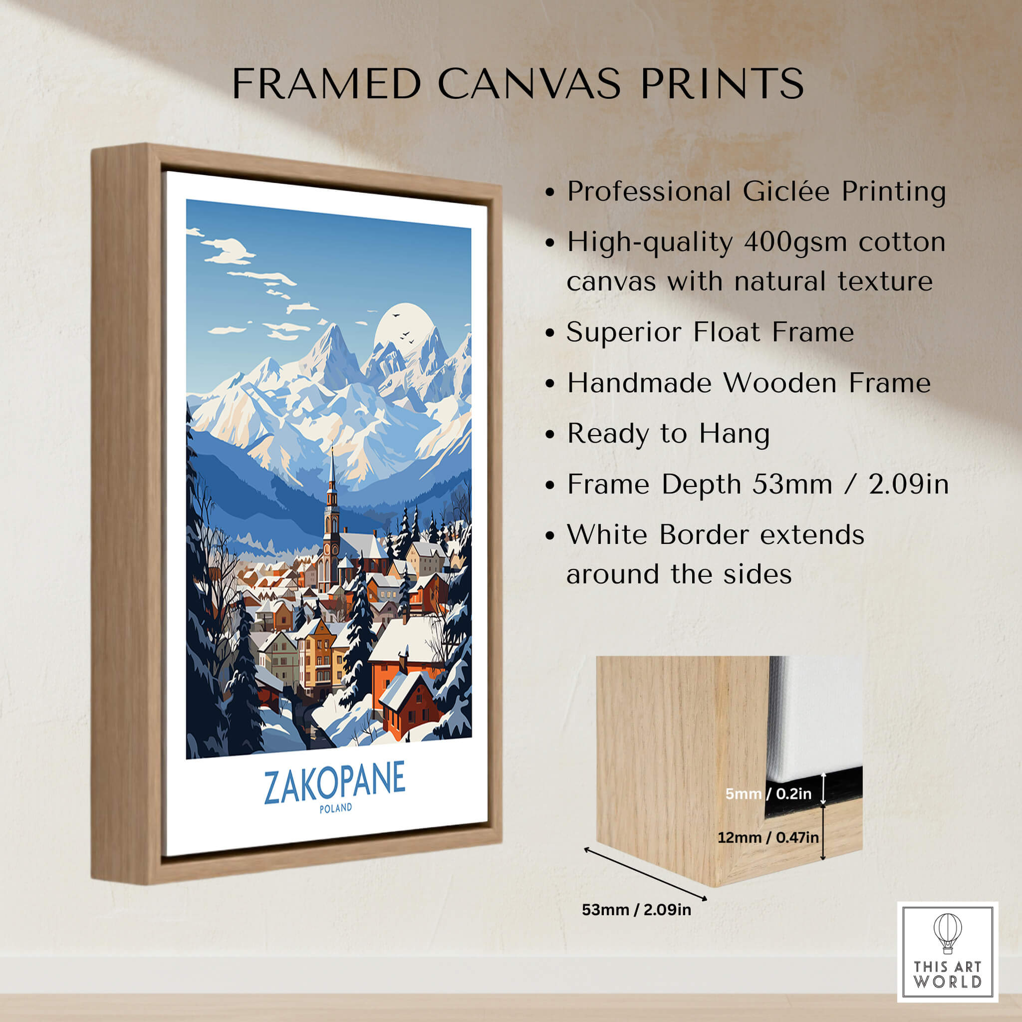 Zakopane Travel Poster framed canvas print showcasing a mountain ski resort with natural textures and a white border.
