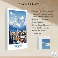 Zakopane Travel Poster featuring snowy mountains, a ski resort village, and professional Giclée printing details.