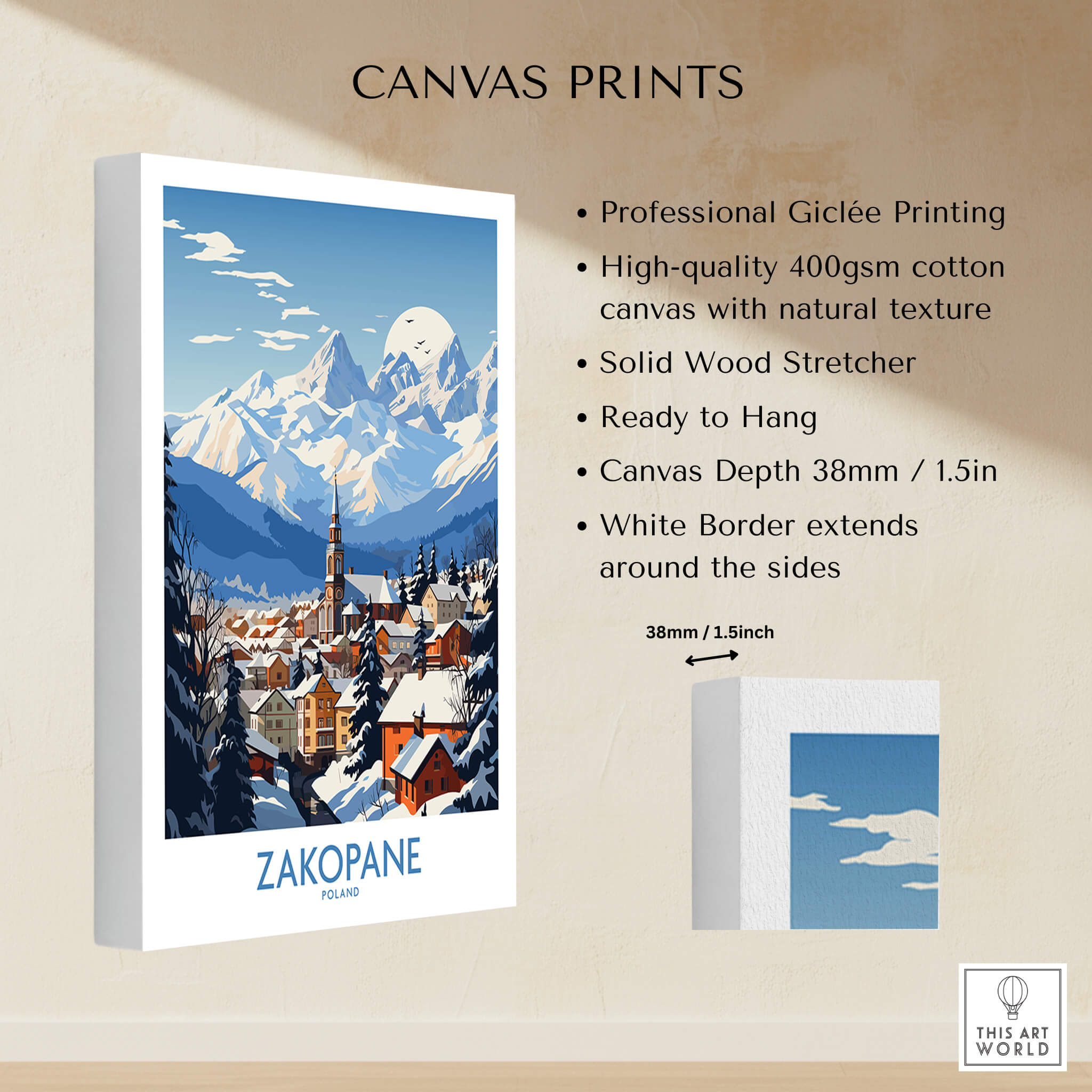 Zakopane Travel Poster featuring snowy mountains, a ski resort village, and professional Giclée printing details.