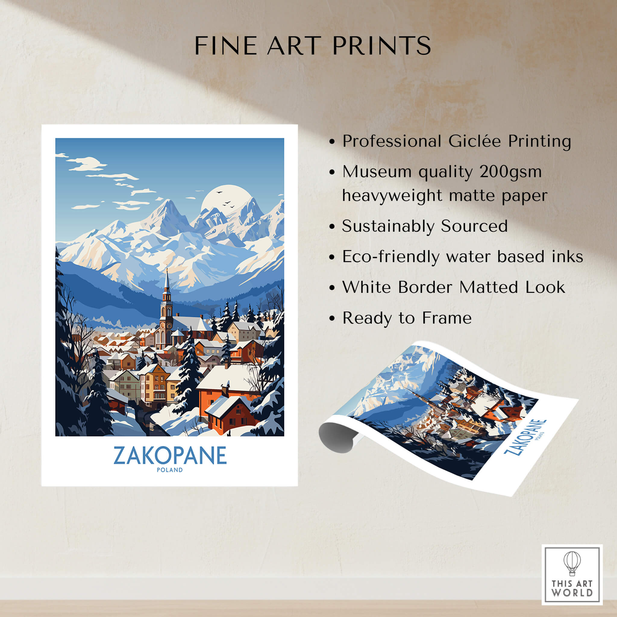 Zakopane Travel Poster featuring stunning mountain views and a charming town scene, perfect for outdoor enthusiasts.