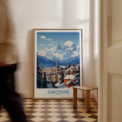 Zakopane Travel Poster showcasing a beautiful mountain landscape with a ski resort town in Poland.