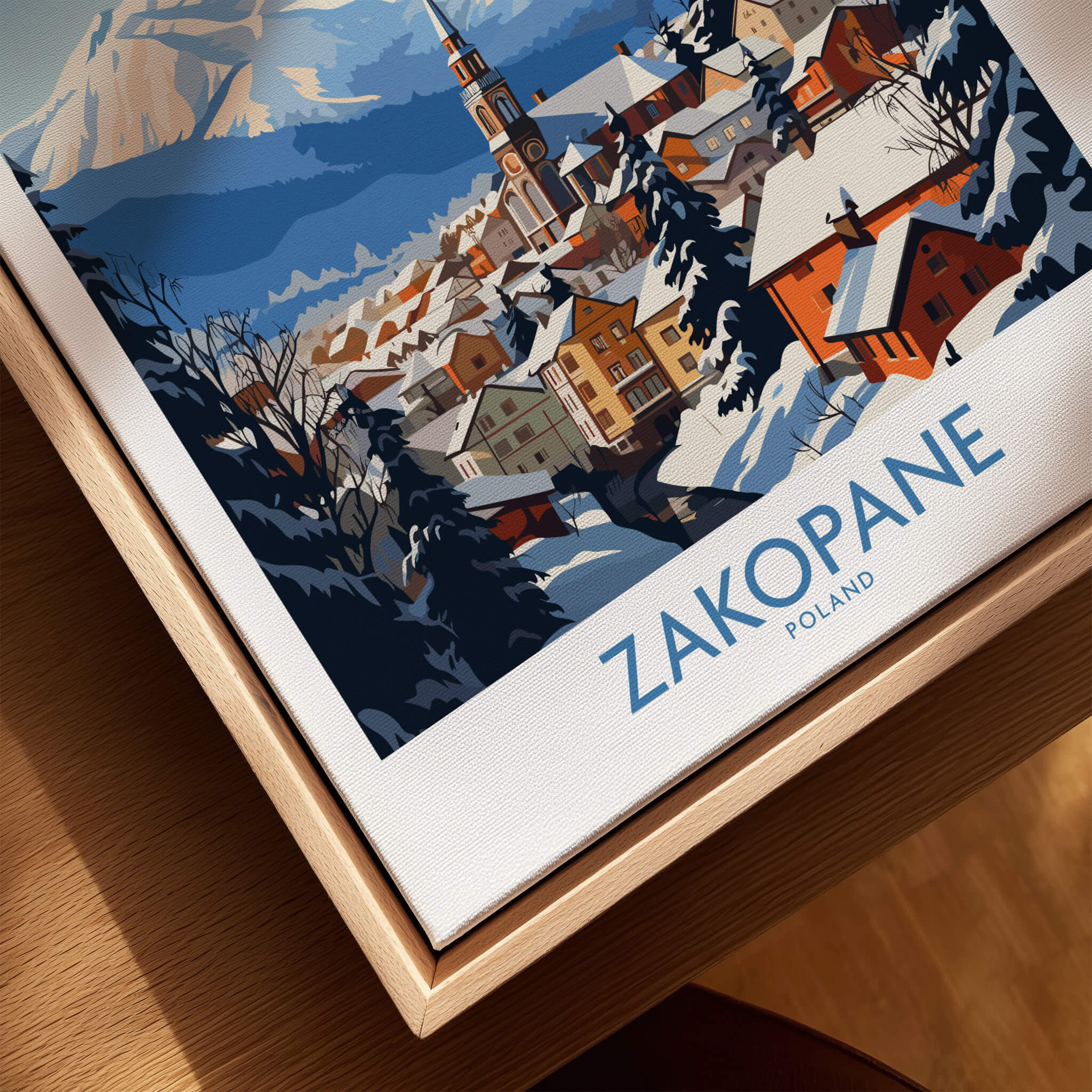 Zakopane Travel Poster showcasing the scenic beauty of Zakopane, Poland with snow-covered mountains and charming town.