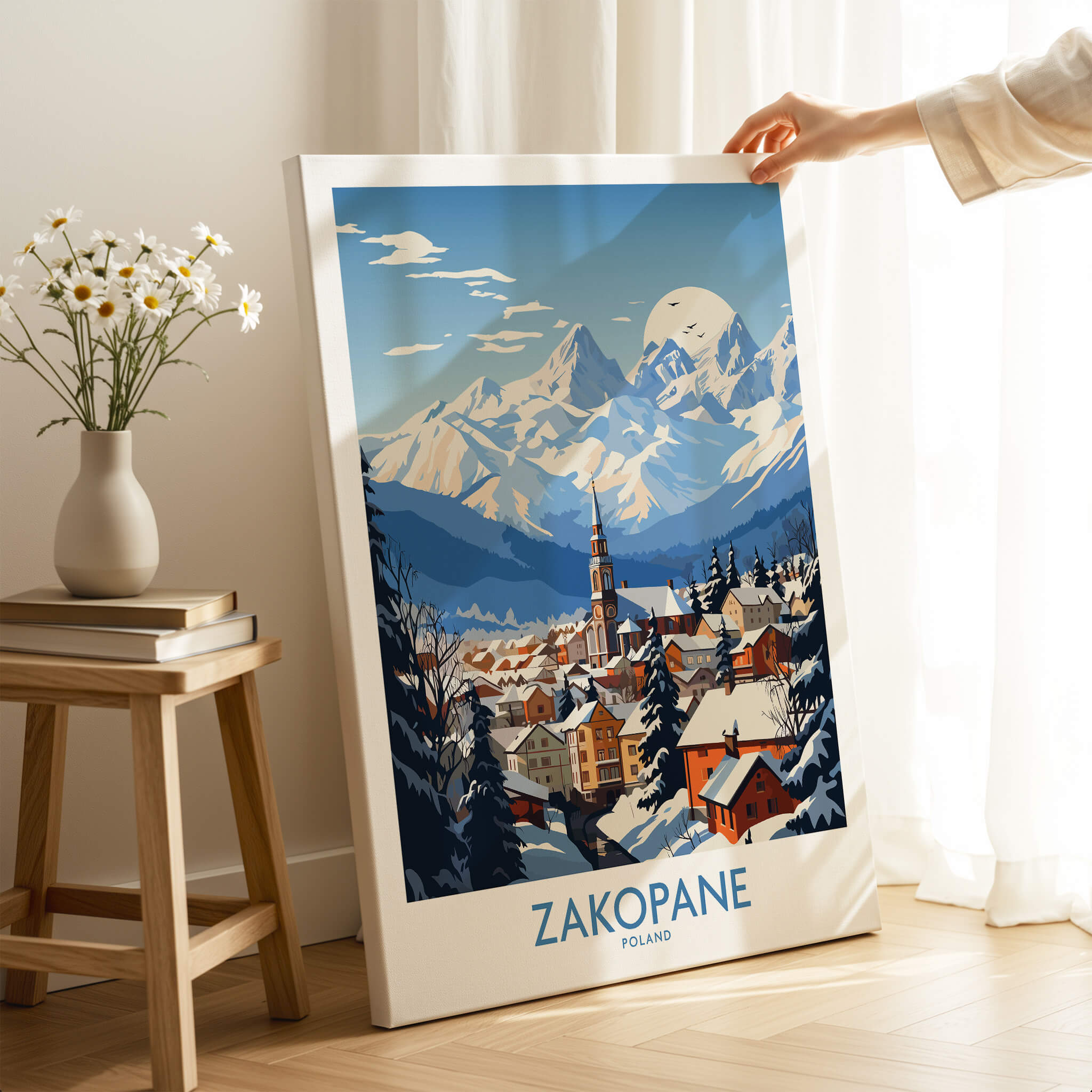 Zakopane Travel Poster showcasing the beautiful mountain landscape and charming town of Zakopane, Poland.
