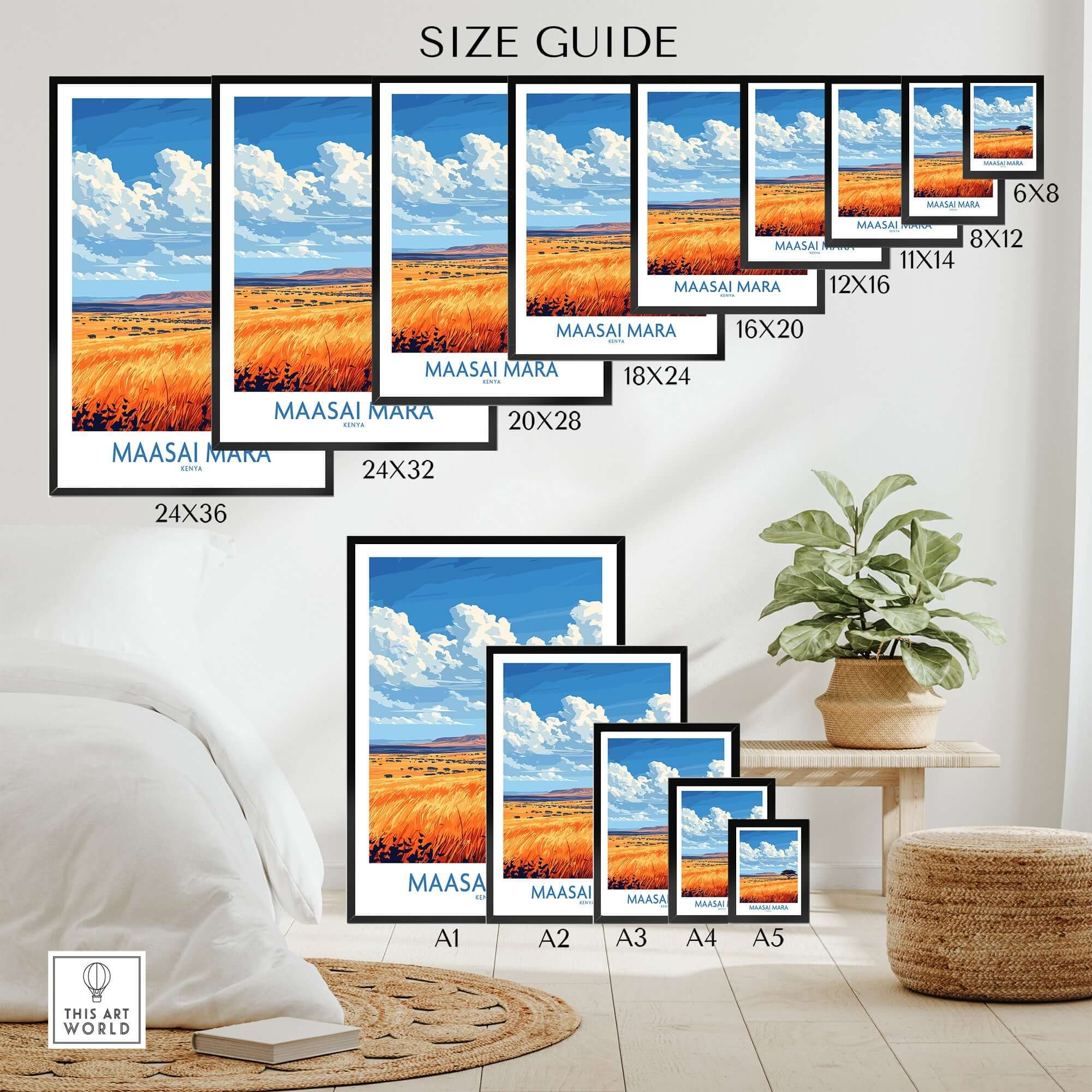 Size guide for Maasai Mara Art Print in various dimensions and displays.