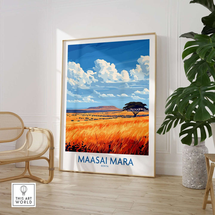 Vibrant Maasai Mara art print featuring colorful landscape and clouds, enhancing any decor with cultural charm.