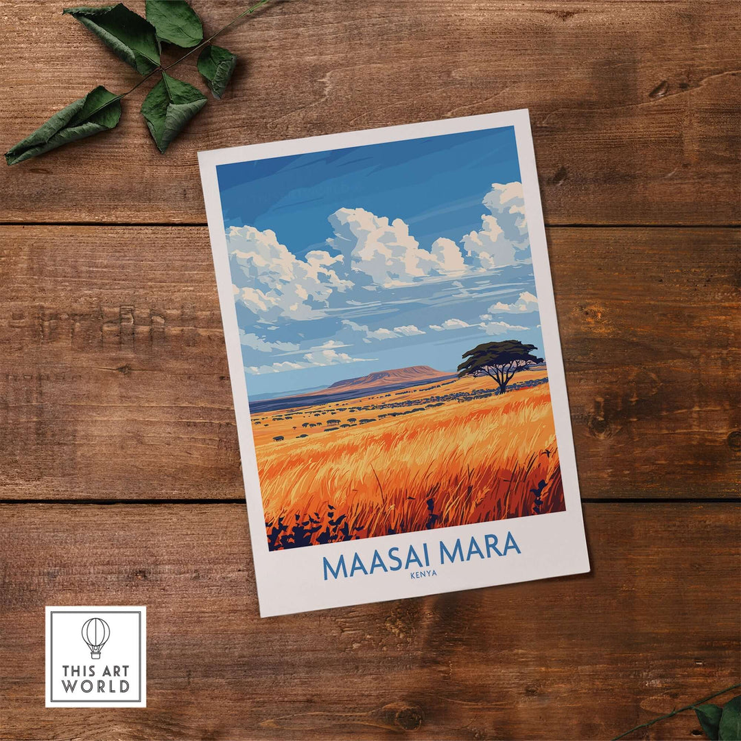 Vibrant Maasai Mara art print showcasing blue skies and golden grasslands, perfect for nature enthusiasts.