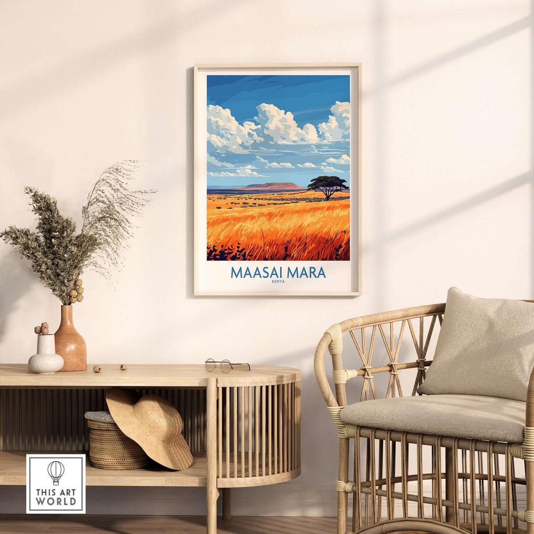 Vibrant Maasai Mara art print displayed in a stylish living room with natural decor elements.