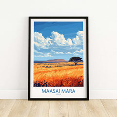 Maasai Mara Art Print featuring a vibrant landscape with golden grass and a blue sky, showcasing the beauty of the Maasai Mara region.