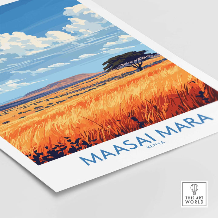 Vibrant Maasai Mara art print featuring golden grasses and blue skies, showcasing the beauty of Kenya's landscape.