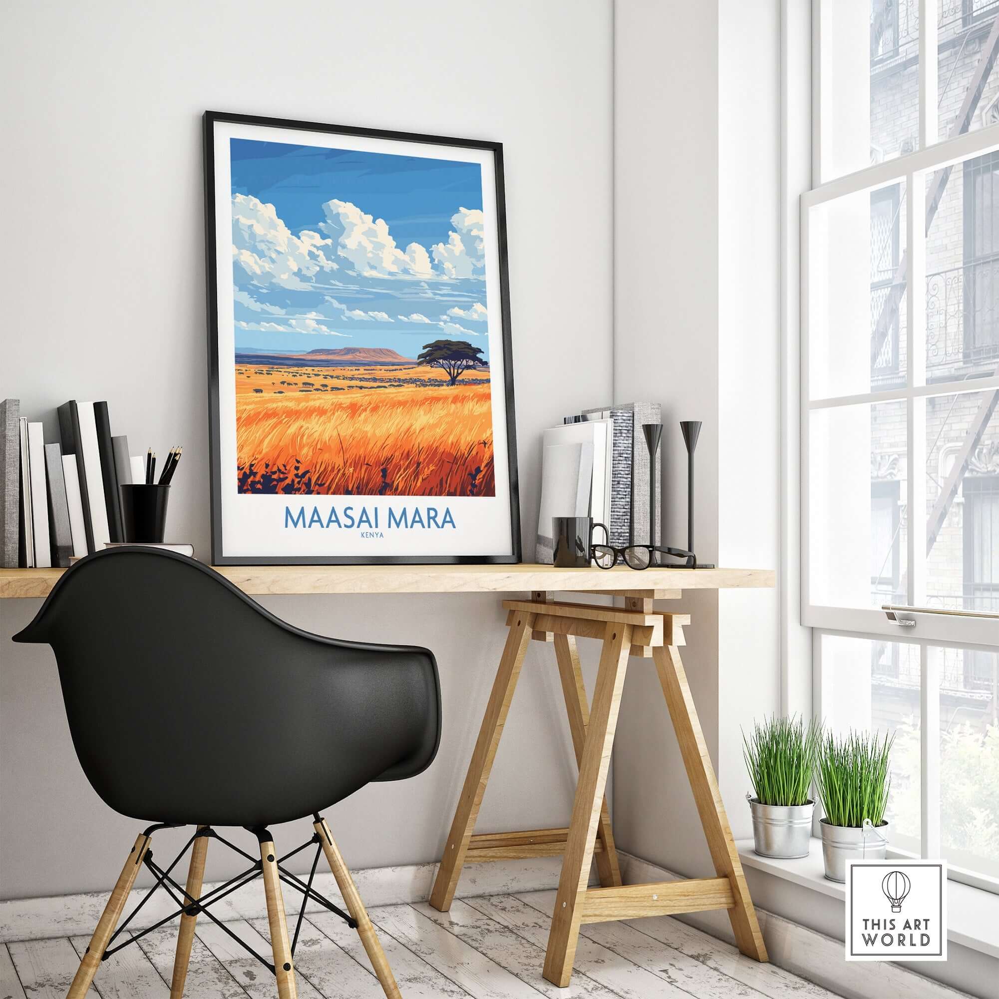 Maasai Mara Art Print displayed in a modern workspace with vibrant colors and stunning details.