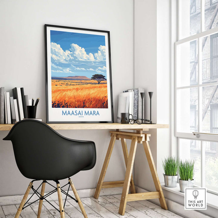 Maasai Mara art print displayed in a modern interior, showcasing vibrant colors and intricate details of the African landscape.