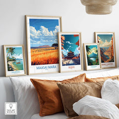 Maasai Mara Art Print featured among travel-themed art prints on a stylish display.