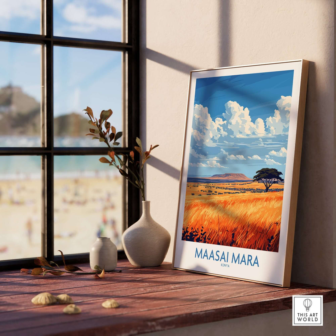 Vibrant Maasai Mara art print displayed on a wooden table near a window, showcasing the beauty of the African landscape.