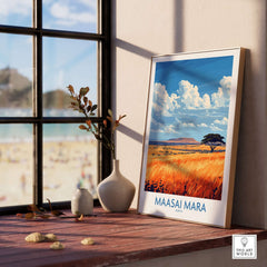 Maasai Mara Art Print displayed in a bright room with beach view, showcasing vibrant colors and intricate details.
