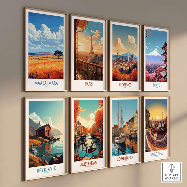 Vibrant wall display of art prints featuring Maasai Mara, Paris, Florence, Tokyo, Reykjavik, Amsterdam, Copenhagen, and Barcelona.