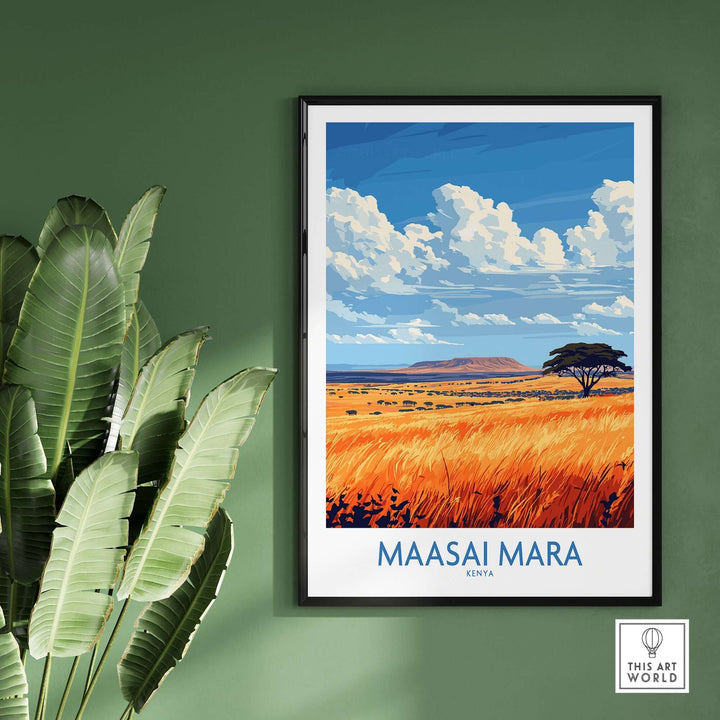 Maasai Mara art print showcasing vibrant landscapes and blue skies, perfect for enhancing any room decor.