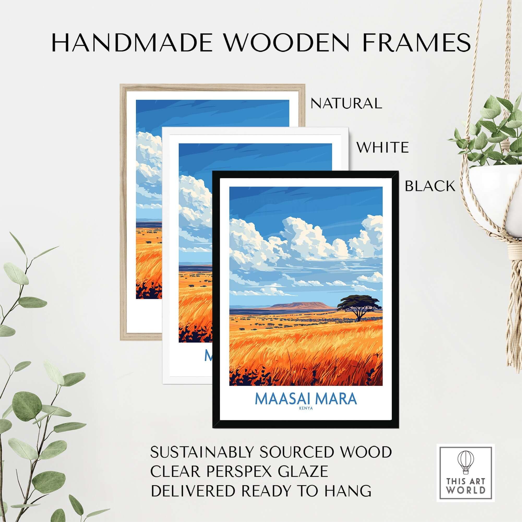 Handmade wooden frames for Maasai Mara Art Print in natural, white, and black styles, ready to hang.