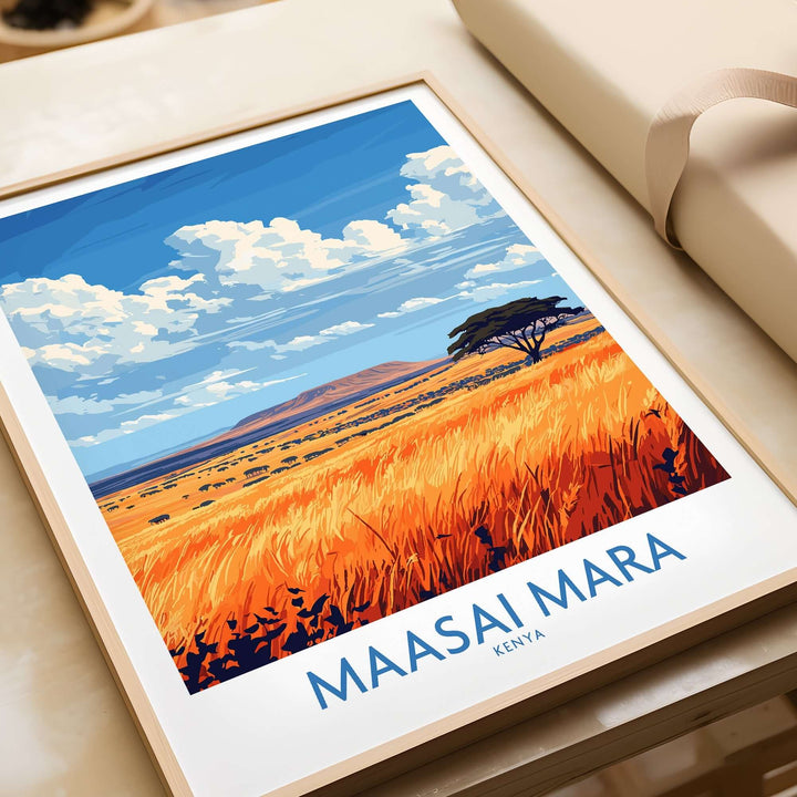 Vibrant Maasai Mara art print showcasing colorful landscapes and nature of Kenya, perfect for home decor and art lovers.