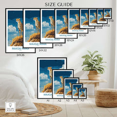 Maasai Mara Poster Kenya size guide featuring multiple framed poster options with cheetah against a blue sky.