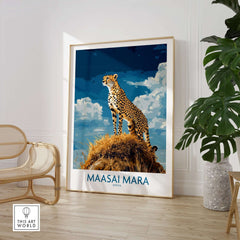 Maasai Mara Poster Kenya featuring a majestic cheetah against a vibrant blue sky, perfect for nature lovers.