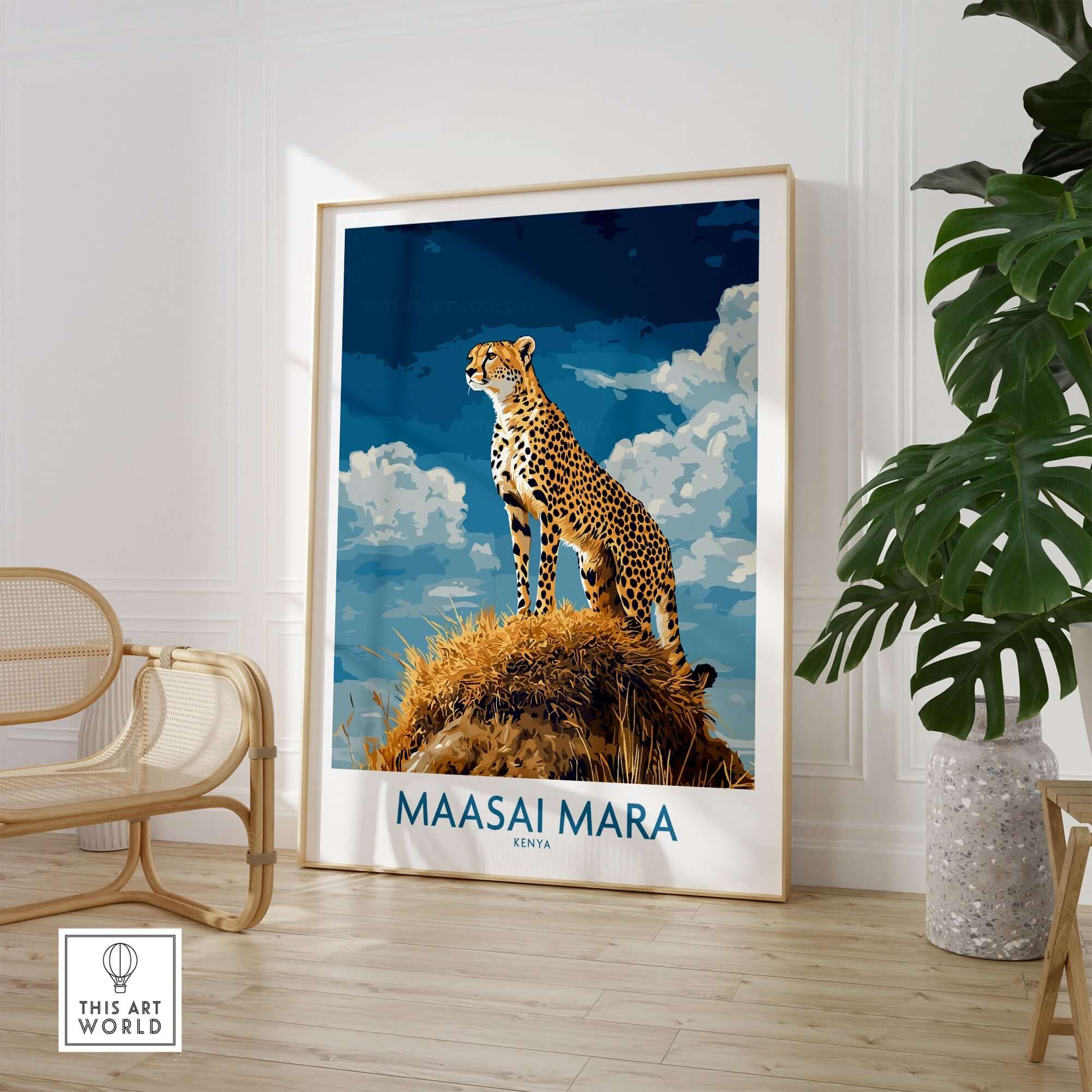 Maasai Mara Poster Kenya featuring a majestic cheetah against a vibrant blue sky, perfect for nature lovers.