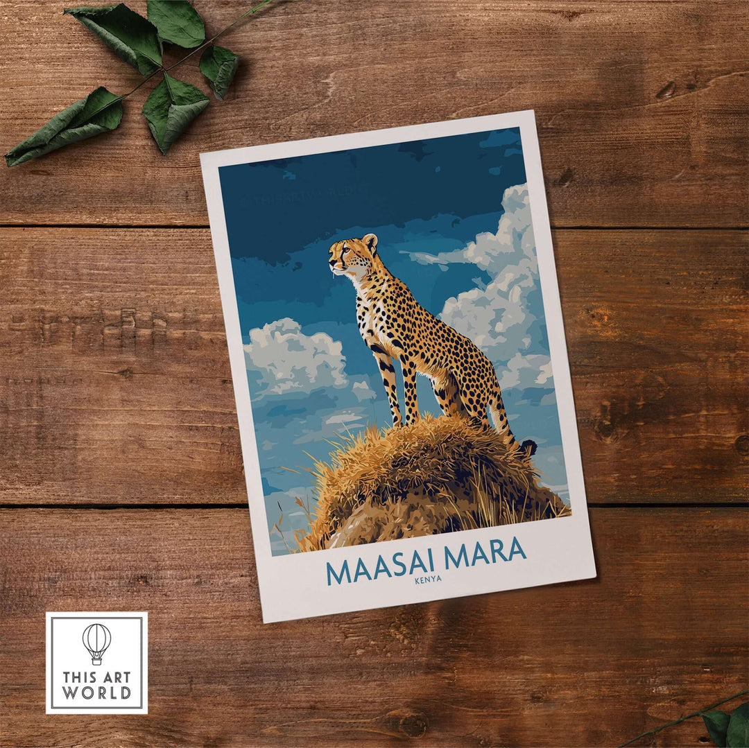 Maasai Mara poster featuring a cheetah standing on a grassy mound against a blue sky, capturing Kenya's wild beauty.