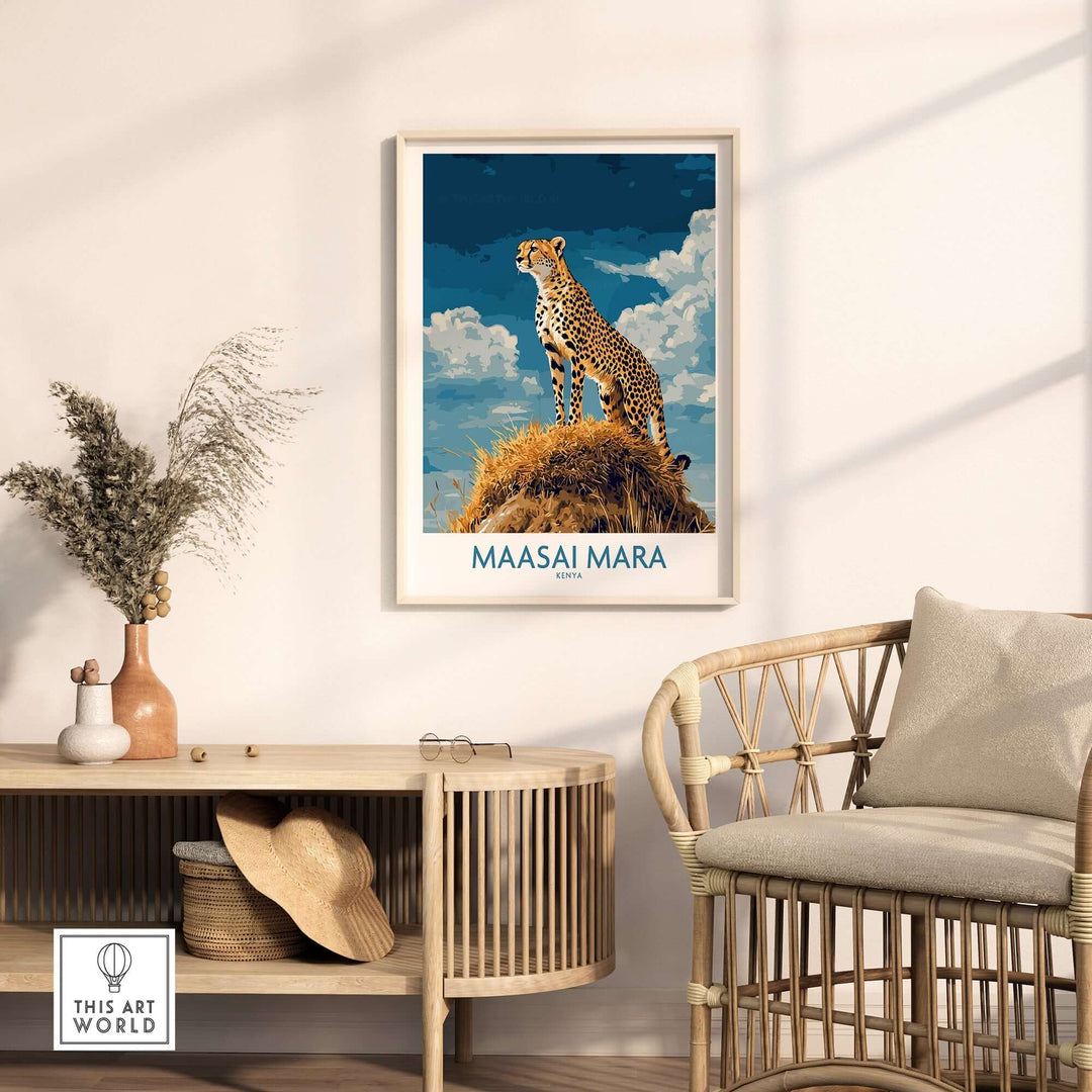 Maasai Mara poster featuring a cheetah in a vibrant scene, perfect for nature lovers and home decor.