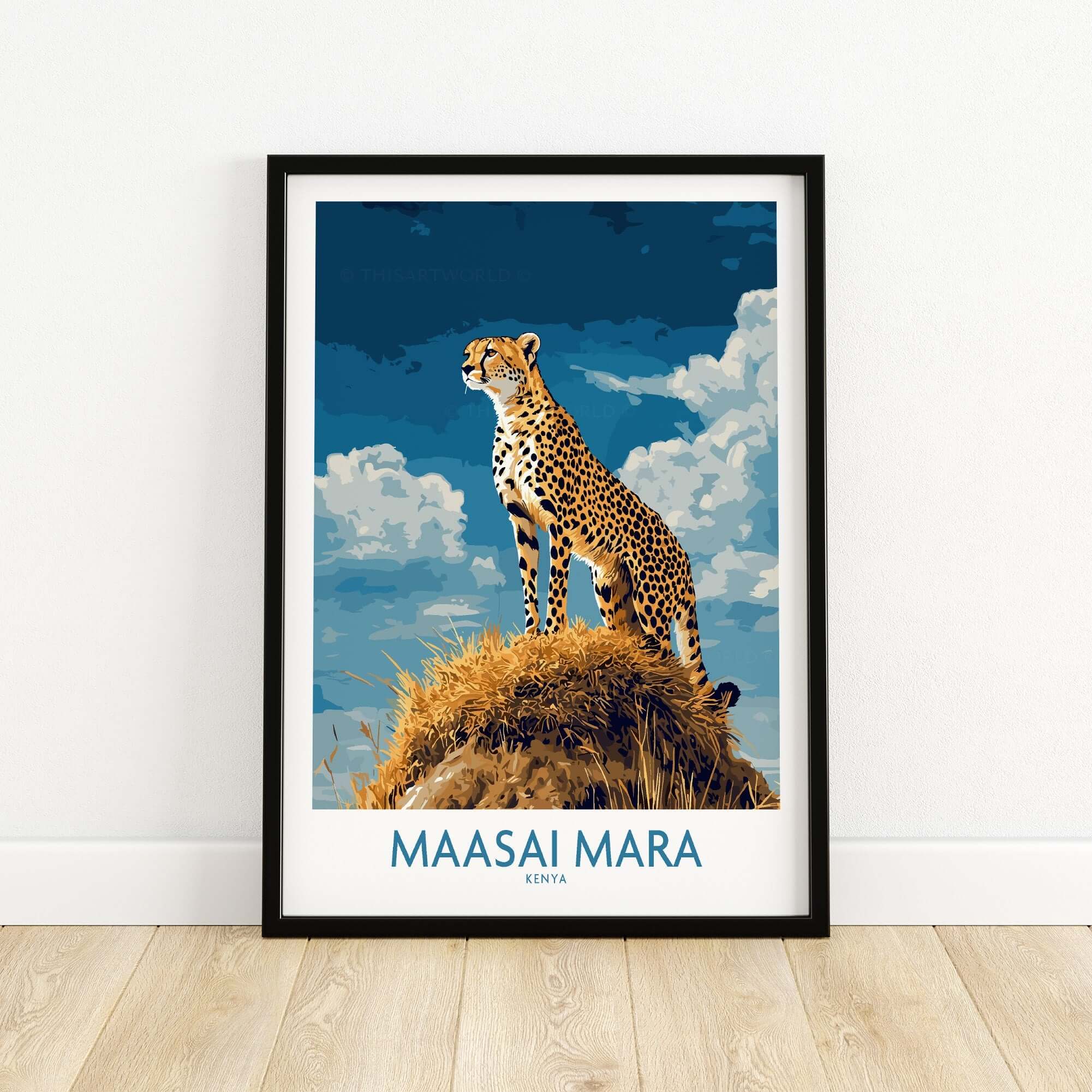 Maasai Mara Poster Kenya featuring a majestic cheetah atop a rocky mound with a beautiful sky background.