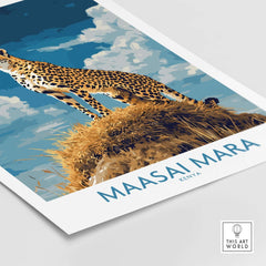 Maasai Mara Poster Kenya featuring a cheetah standing on a mound against a blue sky.