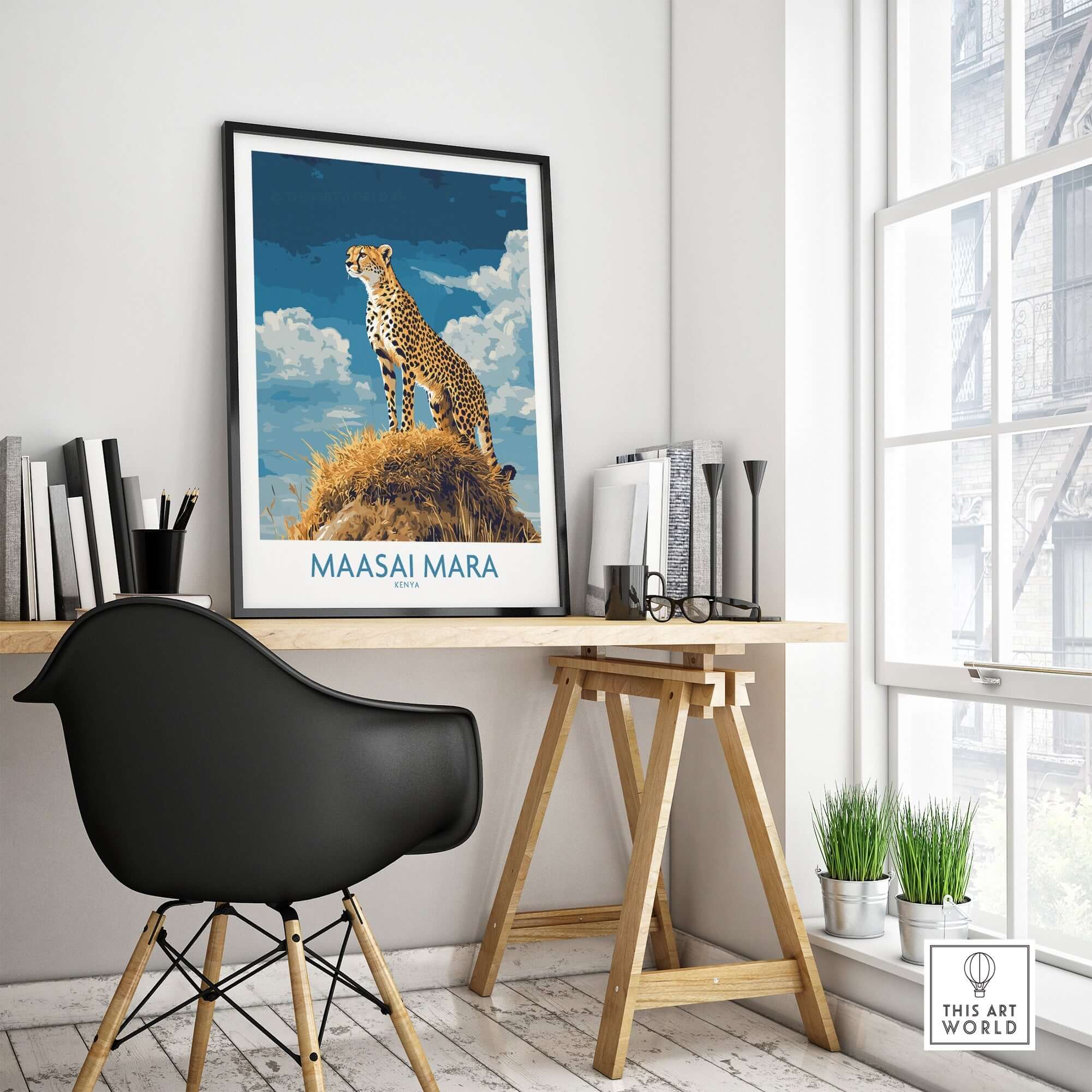 Maasai Mara Poster Kenya featuring a cheetah displayed in a modern office setting with stylish decor.